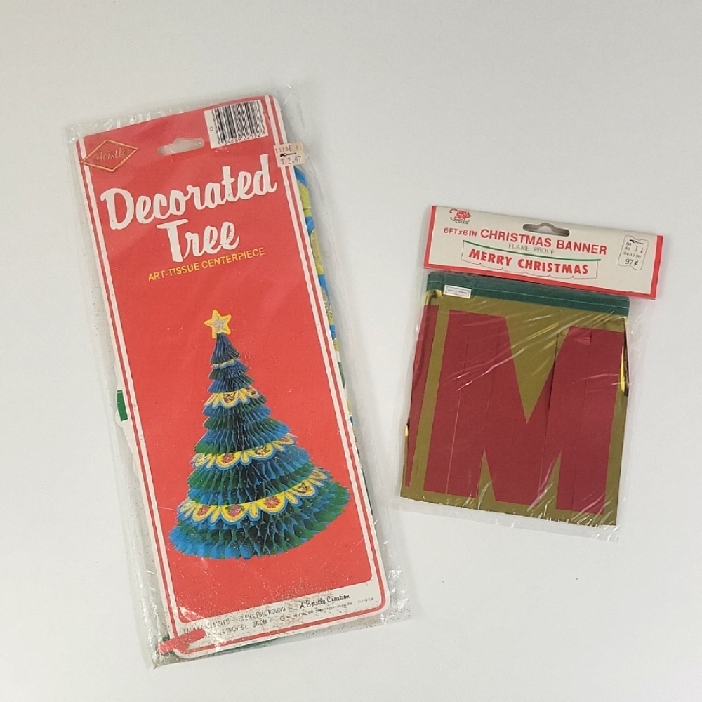 Vintage Beistle Decorated Christmas Tree Honeycomb Centerpeice & X-mas Banner